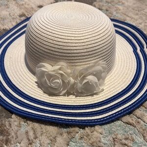 White and Blue Striped Hat with Floral Accents